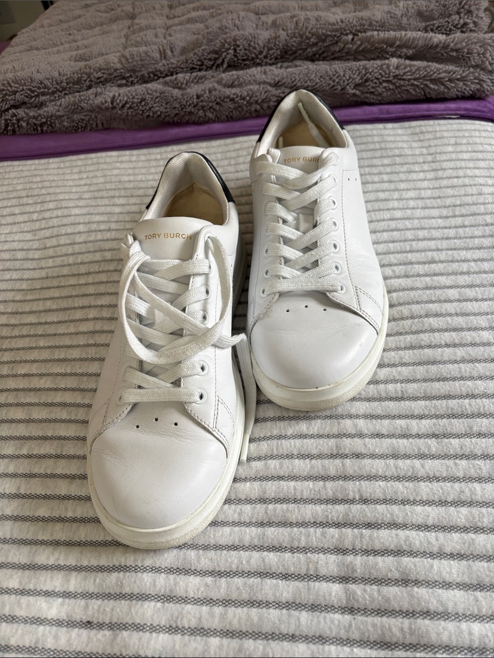 Tory Burch White Leather Platform Sneakers with Black Heel Tab